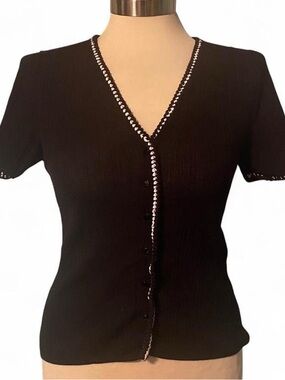 White House Black Market Black Short-Sleeve Button-Front Top with Knit Trim